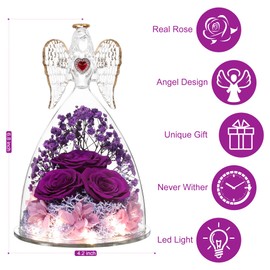 Eaprala Birthday Gifts for Women Grandma Mom Girlfriend,Preserved Flower Unique Three Real Roses in Glass Angel Figurines, Angels Gifts for Her on Christmas,Valentines Day,Mothers Day.Purple