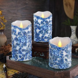 LCZLUMIPRO 3 Pcs Elegant Chinoiserie Flameless Candles - Blue and White Porcelain Sea Salt Style Battery LED Pillar Candles for Home, Wedding, Party & Table Decor