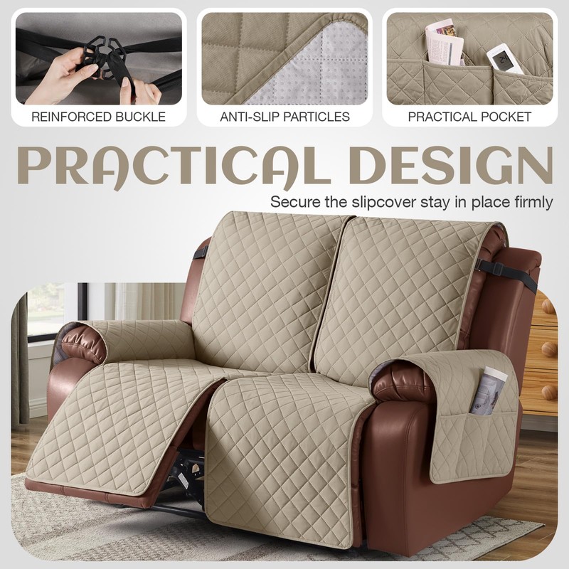 KinCam Waterproof Loveseat Recliner Cover, Non-Slip Reclining Couch Covers for