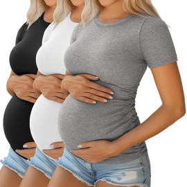 Ficerd 3 Pack Women's Maternity Shirts Cotton Short Sleeve Pregnancy Tops Side Ruched Ribbed Casual Mama tees Clothes(Light Gray, White, Black,Medium)