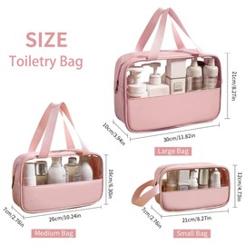 Travel Toiletry Bag 3 Pack/Size Waterproof Clear PVC and PU Splicing Cosmetic Bag Hanging Makeup Organizer Bag Portable Travel Bag for Bathroom, Vacation (Pink)