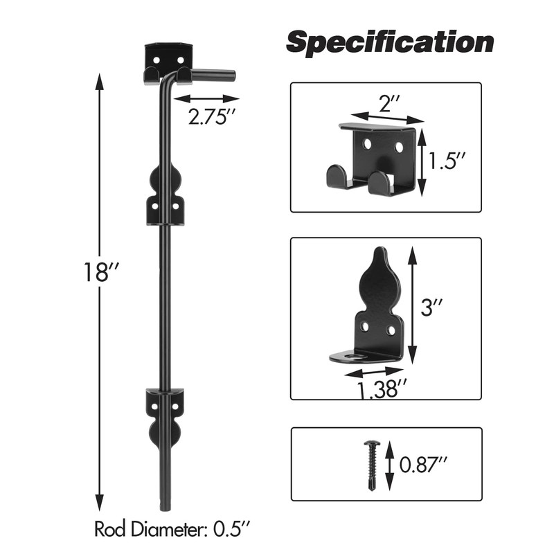 18 Inch Cane Bolt Heavy Duty Gate Drop Rod, Steel
