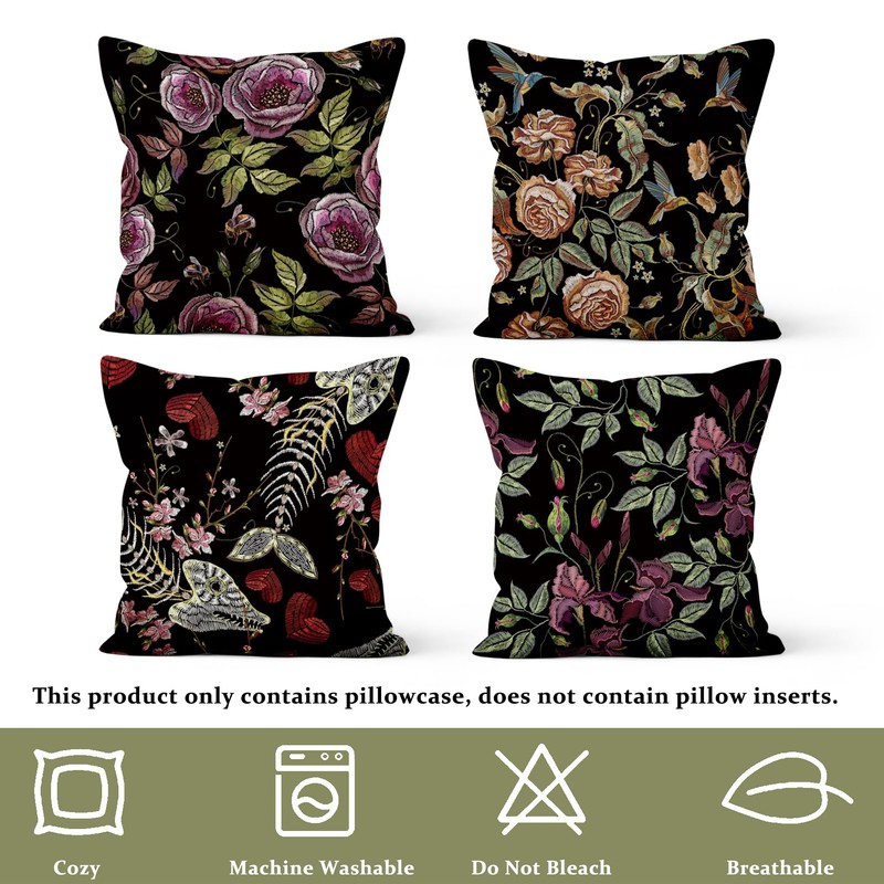 Black Gothic Floral Throw Pillow Covers, Purples Flower Dark Decorative