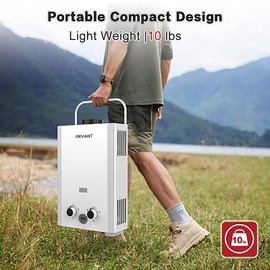 OEVANT Propane Tankless Water Heater, 1.58GPM 6L Portable Gas Water Heater with Handle & Overheating Protection, Instant Hot Water for RV Camping, Outdoor Shower, White