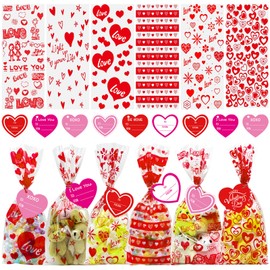 AouEtnay 120 Pieces Valentines Day Cellophane Treat Bags Valentines Candy Bags, 6 Assorted Styles Valentine Treat Bags with Cards Ties for Valentine's Day Party Favor Supplies