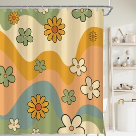 Visioun 70s Cute Retro Aesthetic Vintage Shower Curtain for Bathroom 72W*72H Inch Abstract Daisy Waves Funky Modern Unique Floral Bathtub Decor Trendy Art Waterproof Polyester Fabric Set with 12 Hooks