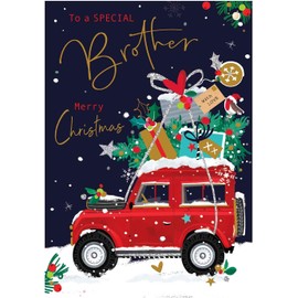 Jonny Javelin Brother Christmas Card - Special Brother - Car and Christmas Tree - Artistic Festive Design - Special Finishes and Illustrated Insert Leaf - Made in the UK