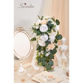 Serwalin 9.8 Inch Wedding Bouquets for Bride Bridesmaid, Forest White Peonies Bridal Bouquets for Bride, Wedding Flowers Bouquet Tossing Bouquet, Wedding Ceremony and Anniversary Valentine's Day Decor