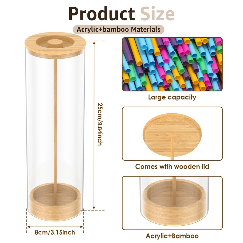 Acrylic Straw Dispenser with Bamboo Lid 25cm Clear Straw Holder