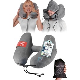 FLOWZOOM AIR Travel Neck Pillow for Airplane Inflatable Hooded Grey Size L