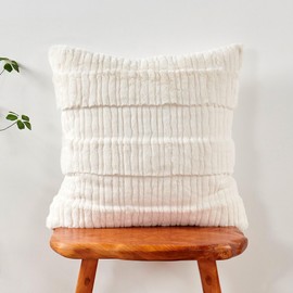 BYTIDE Embossed Stripe Luxury Faux Fur Decorative Throw Pillow Cover with Velvet Back 20 x 20 Inches, Plush Square Soft Cushion Case Pillowcase for Couch Bed Bedroom Living Room, White