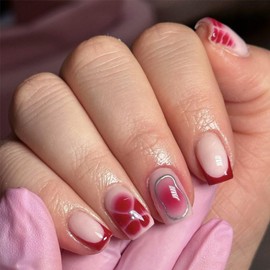 BQZQPAMZ 24Pcs Red Flower Short Shaped False Nails Floral French Tip Press on Nails Full Coverage Stick on Nails Acrylic Nail Art Supplies for Women Nail Art Decoration