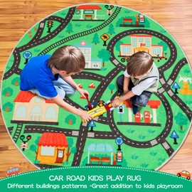 AKASISRUG Road Kids Rug for PlayroomTraffic Town, Round 47" Villiage Map Car Rugs Baby Playmats for Floor Race Track Non-Slip Kids Area Rugs Kids Play Mat Road Rug for Toddler Boys Bedroom Game Room