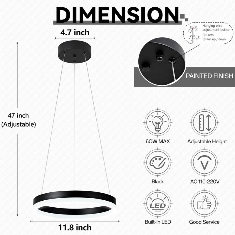 Mccokaige 12" Black Led Ring Chandelier Ring Modern Led Chandelier
