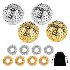 Pack of 4 Hedgehog Ball Massage + 8 Pieces Acupressure Ring Finger, Skills Borderline Set, Magnetic Acupressure Balls, Magnetic Spiked Massage Ball, Hedgehog Balls Massage Rings for Stress Relief (Silver/Gold)