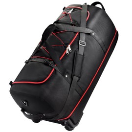 Rolling Duffle Bag with Wheels,110L/140L Expandable Soft-Sided Foldable Duffle Bag with 2 Rubber Wheels,Packable 32” Rolling Carry-On with Multi-Pockets & Compartments (Black Red)