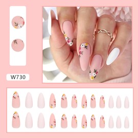 Vezocim 24Pcs Full Cover Reusable Glossy Flower Fake Nails Set, Oval Medium Press on Nails, Artificial Fingernails Summer False Nails with Floral Leaf Designs, Glue Stick on Nails with Charm