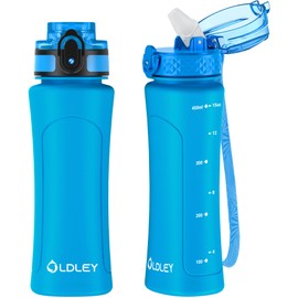 OLDLEY 450ml/15oz Kids Water Bottle with Straw Childrens Boys Girls Toddler 2 Lids Reusable Drink Bottles with Times Markings for School Home Camping Outdoor Sports BPA Free Leakproof Durable