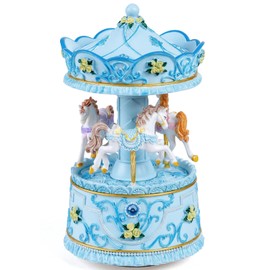 MS. WENNY Handcrafted Blue Carousel Music Box with Lights, Resin Horse Figurines, Hand Painted Ornament for Girls, Wife, Mum, Birthday, Plays ‘You Are My Sunshine’