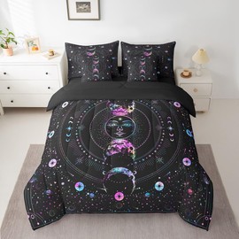 Manfei 7 Pieces Sun Moon Comforter Set Queen, Stars Space Psychedelic Bed Set for Kids Girls, Boho Sun Moon Black Bedding(1 Comforter,1 Fitted Sheet,2 Flat Sheet,2 Pillowcases,2 Throw Pillow Cover)