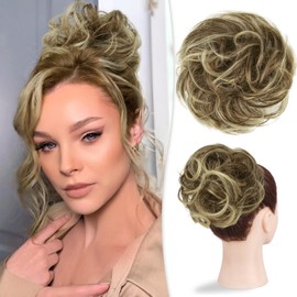 RUWISS Large Messy Bun Hair Piece 100% Human Hair Layered Wavy Curly Hair Buns Hair Piece for Women Updo Hairpiece for Daily Wear Real Hair Scrunchies Ponytail Extension (Brown Mixed Light Blond)