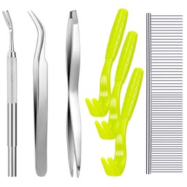 7 Pcs Tick Removal Tool Kit, Include 3 Plastic Removers, 3 Stainless Steel Tweezers with Comb for Dog and Cats(Fluorescent Green)