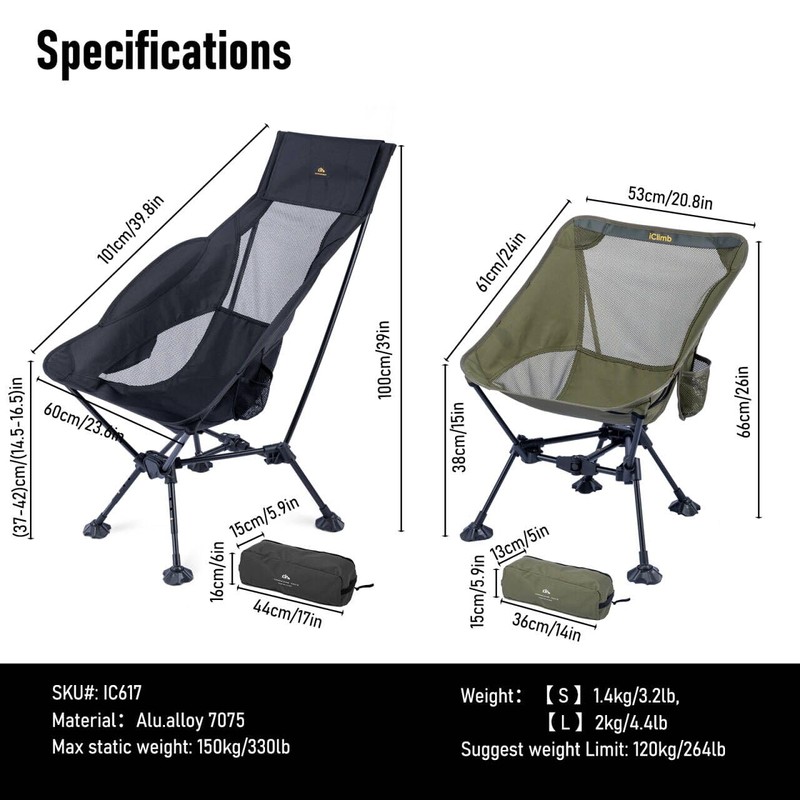 iClimb Ultralight Compact Camping Folding Beach Chair with Anti-Sinking Large