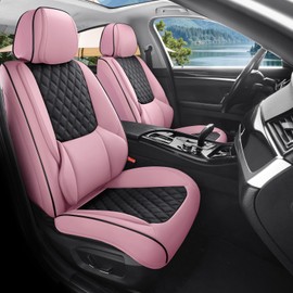 Sxikin Car Seat Covers, Luxury Faux Leather Waterproof Non-Slip Seat Protector Universal Fit for Most Cars SUVs Trucks Pick-ups,Car Interior Accessories (Pink Black, Full Set)