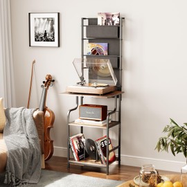 6-Tier Record Player Stand, Turntable Stand with Large Desktop, Tall Vinyl Player Stand with Display Rack, CD Vinyl Storage Holder, Gramophone Table for Living Room