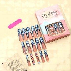 Extra Long Press on Nails Square Fake Nails Blue French Tip Acrylic Nails with Gorgeous Patterns Designs False Nails Rhinestone Glue on Nails for Women 24Pcs