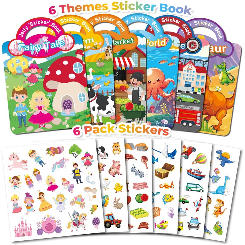 Kalysky 6 Pack Reusable Jelly Sticker Books for Toddlers 2-6