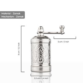 Glios Decorative Handmade Black Pepper Grinder, Refillable Turkish Spice Mill with Adjustable Coarseness, Manual Pepper Mill with Handle, Spice Grinder with Hand Crank 8 cm-3.1 inch