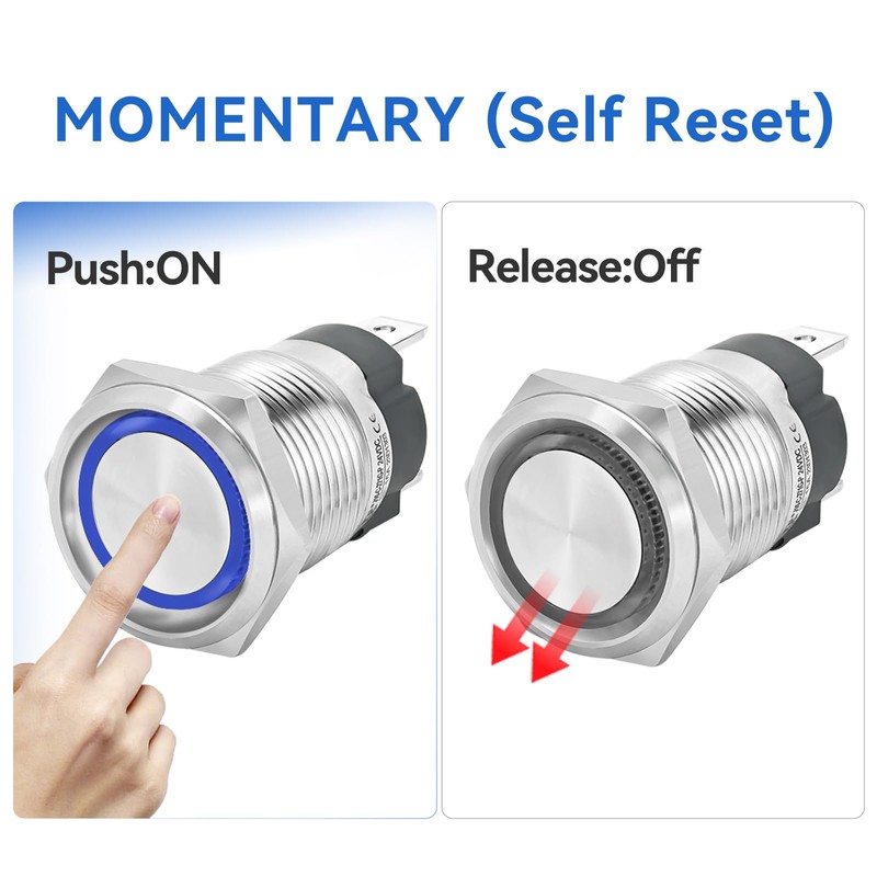 UL Listed 15Amp 19mm Momentary Push Button Switch 3/4" Waterproof