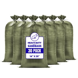 (Not Made in China) Heavy Duty Sand Bags for Flooding 30-Pack, Empty Sandbags with Tie Strings, UV Protection 1600 Hours, Flood Control,14in x 26in, Sandbag for Weight, 50lb Capacity, Green 30 Pack