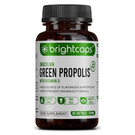 Brightcaps Brazilian Green Propolis | 87% Dry Extract | Immune Booster | High Artepillin C | 43.2mg Phenolic Compound & 16.8mg Flavonoids | 54g Vitamin D