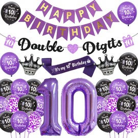 Purple 10th Birthday Decorations for Girls - Happy Birthday Double Digits Banner Garland, Crown Number 10 Foil Balloons and Sash for 10 Years Old Children Party Supplies