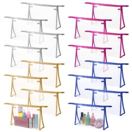 HOFURME 16 Pcs Portable Transparent Cosmetic Bags, Clear Portable Zippered Toiletry Bag Waterproof Cosmetic Bags, Travel Toiletry Bags Pouches, Clear Pencil Cases, Stationary Organizers (4 Colors)