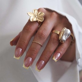 Short Square False Nails - 24Pcs Yellow French Tip False Nails - Chrome Glazed Press on Nails Short - Supremely Fit & Natural Square Nails in 12 Sizes, Nail Art Accessories