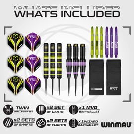 WINMAU Darts Michael 'MvG' Van Gerwen Vs Simon 'The Wizard' Whitlock - Juego Doble de Dardos de latón con Punta de Acero de 22 g, con Plumas y Varillas (cañas)