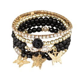 4Pcs Set Bohemian Butterfly Crystal Stone Stretch Pendant Bracelets for Women Gold Beaded Stackable Stretch Bracelet Colorful Charm Jewelry Boho Summer Beach-Rose Black