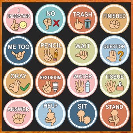 16 Pcs Sign Language Posters for Classroom, Teacher Students Visual Cues Cutout, Hand Signals for Classroom Bulletin Board Decor (Boho)