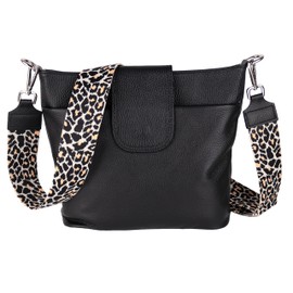 MIRROSI® Women's Shoulder Bag, Genuine Leather, Made in Italy, Boho Style, 30 x 24.50 x 9 cm (W x HXT), Lots of Storage Space, Handbag, Chest Bag, Crossbody Bag (1 Bag & 2 Straps), Black (Leopard)