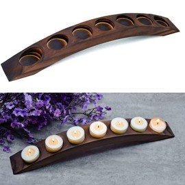 Long Wooden Bridge Tealight Candle Holder, 7 Holes - Candle Centerpieces for Tables - Antique Wood Color