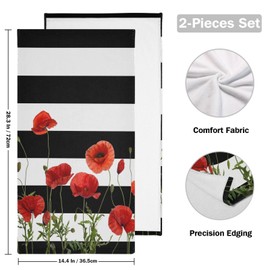 AIYOOLER Red Poppy Floral Hand Towels for Bathroom Set of 2 Soft Absorbent Chic Flower Black and White Striped Bath Towels Decorative Kitchen Dish Towel Bathroom Towels for Guest Shower Gym 28x14in