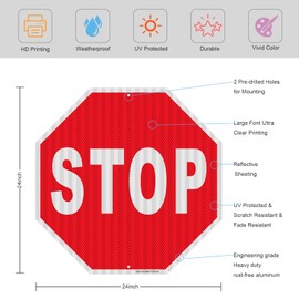 24" x 24" Large Stop Sign，Street Road Sign，Engineer Grade Reflective Sheeting Street Slow Warning Sign，Rust Free Aluminum，UV Protected，Waterproof，Weather Resistant，Fade Resistant，UV Printing