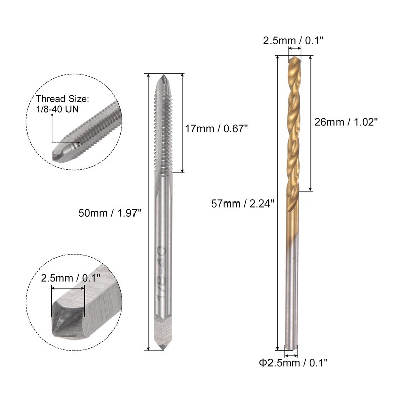 uxcell 1/8-40 UN Straight Flute Thread Tap and 2.5mm Twist