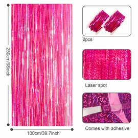 2pcs 3.2 x 8.3ft Glitter Hot Pink Tinsel Curtain Foil Fringe Curtain BackdropParty Streamers Curtain Photo Backdrop Decorations for Birthday School Graduation Hen Girls Party Decorations