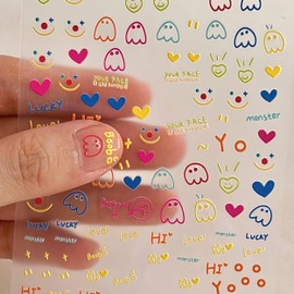 Dedyel Cute Face Nail Stickers 5D Embossed Simple Graffiti Self-Adhesive Stickers for Nail Art Decoration for Men Women Couples