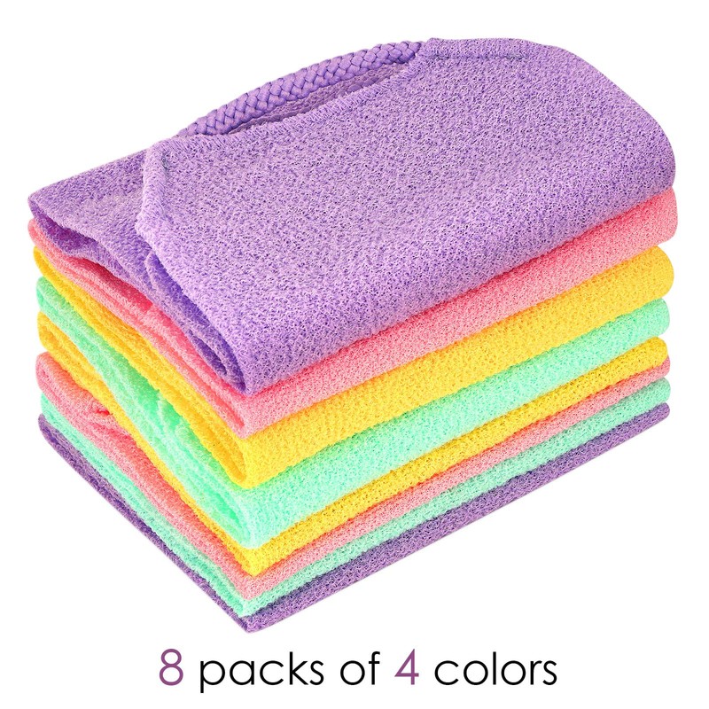 Linkidea 8 Pack Stretchy Exfoliating Towel with Pull Straps, Bulk