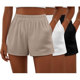 Ficerd 3 Pack Women's Sweat Shorts, Elastic High Waist Casual Summer Lounge Cotton Comfy Athletic Shorts with Pockets(Black, White, Khaki,Large)